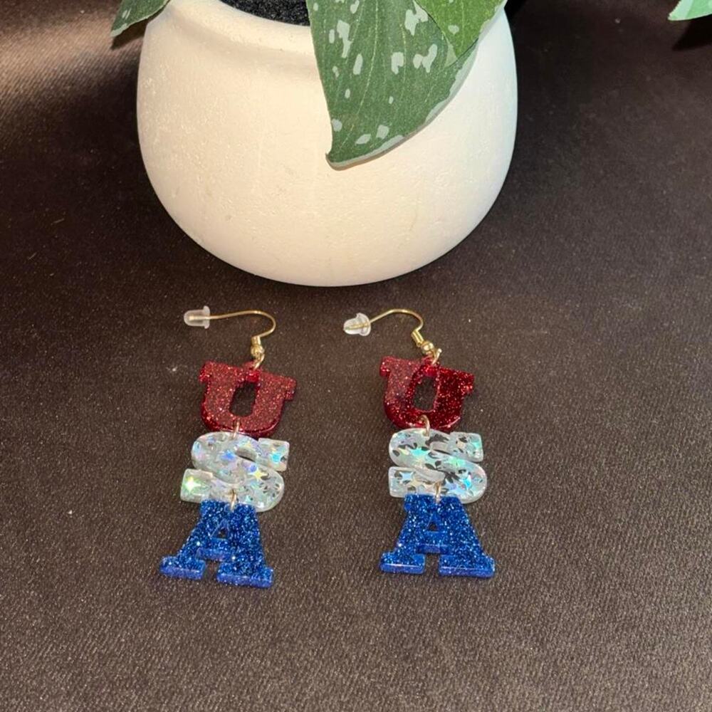 Red, white, and blue USA earrings with glittery letters